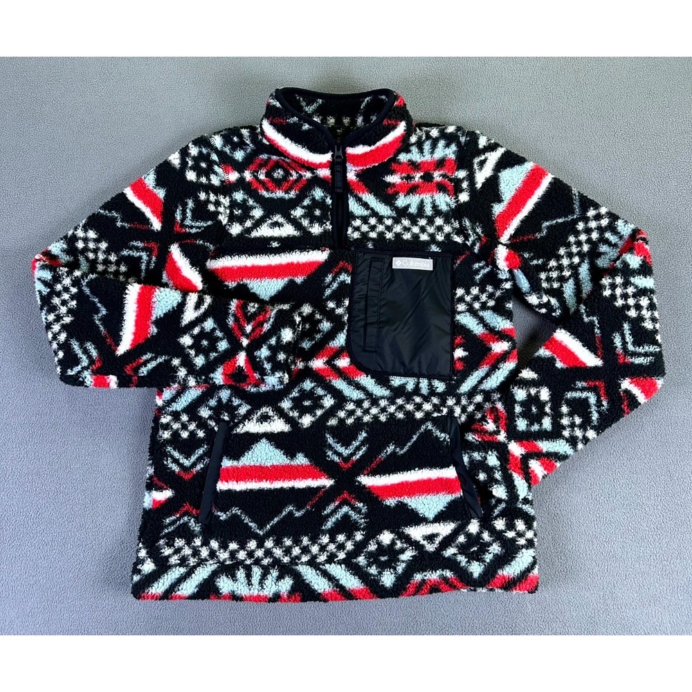 Columbia Quarter Zip Jacket Womens XS Red Black West Bend Fleece Aztec Fair Isle